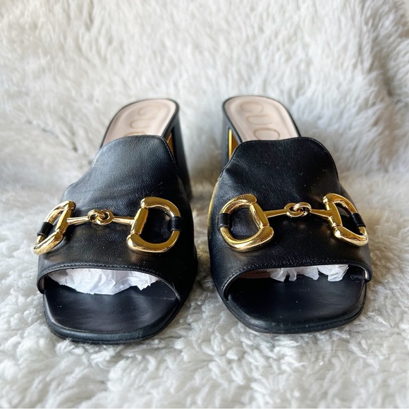 Gucci Baby Horsebit Slide Sandals Mules Black and Gold Block Heel Size EU 39 - Picture 5 of 14
